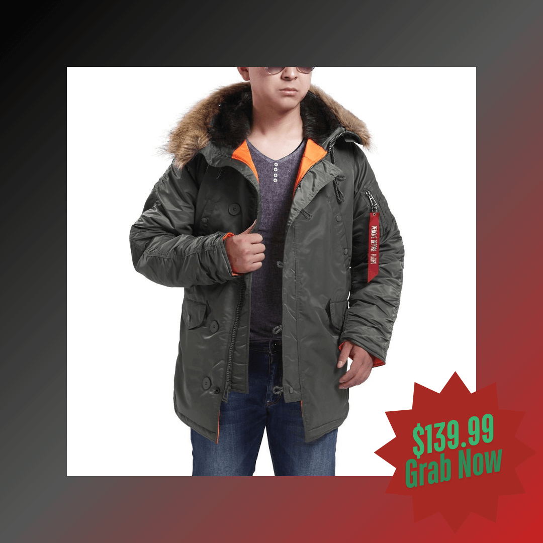 Seibertron Herren N-3B Slim-Fit wasserdichter/wasserabweisender Parka mit abnehmbarem Kunstfell-Kapuzensaum - Seibertron