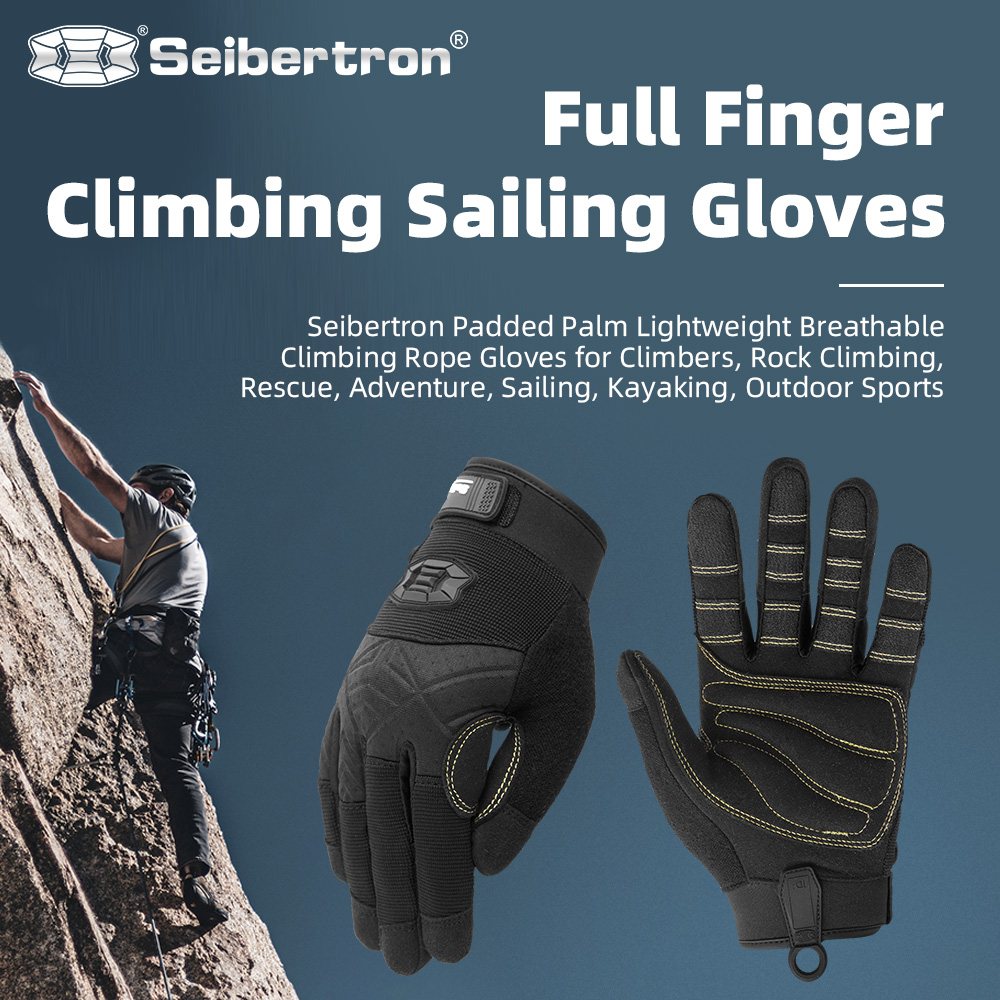 Farbe: Schwarz | Seibertron Vollfinger-Kletter- und Segelhandschuhe mit gepolsterter Handfläche für Kletterseile Bild 01
