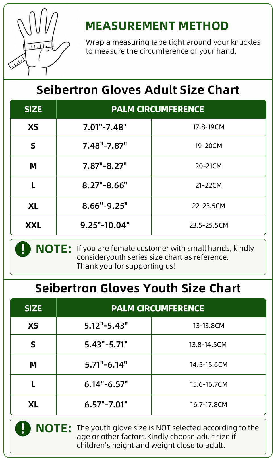 Seibertron Dirtclaw adult and youth fingerless motocross gloves size chart with hand measurement method