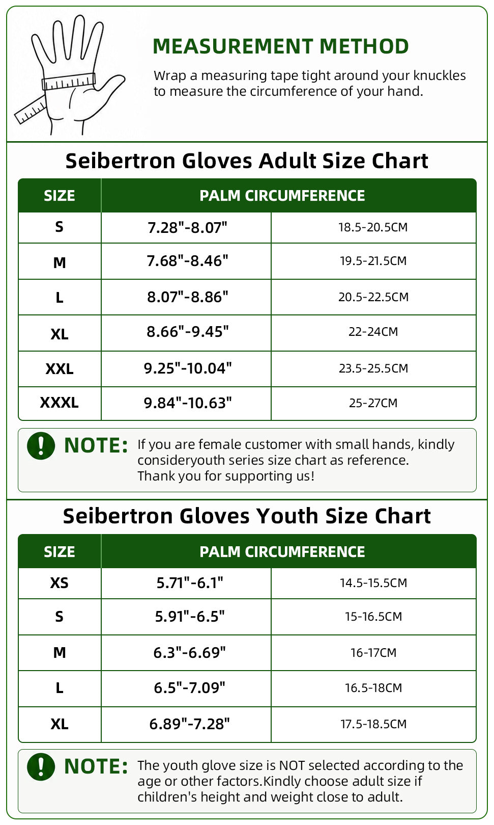 Seibertron SPS-7H half finger adult and youth motorcycle gloves size chart