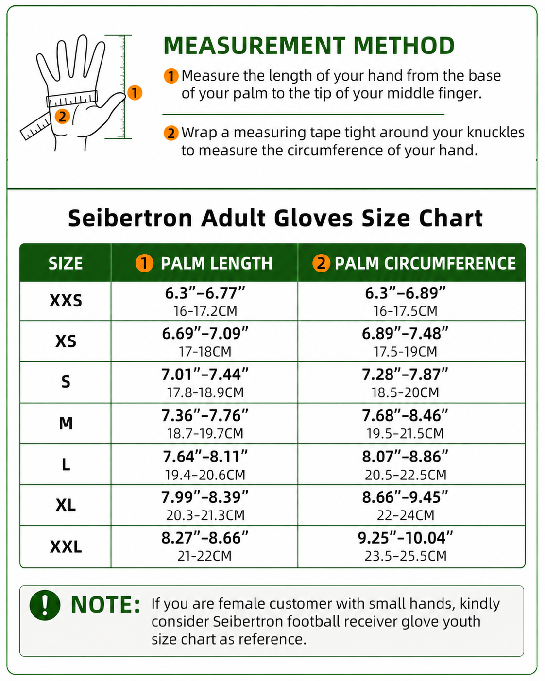 Seibertron S.O.L.A.G-HI 2.0 tactical long finger adult gloves size chart with hand measurement method