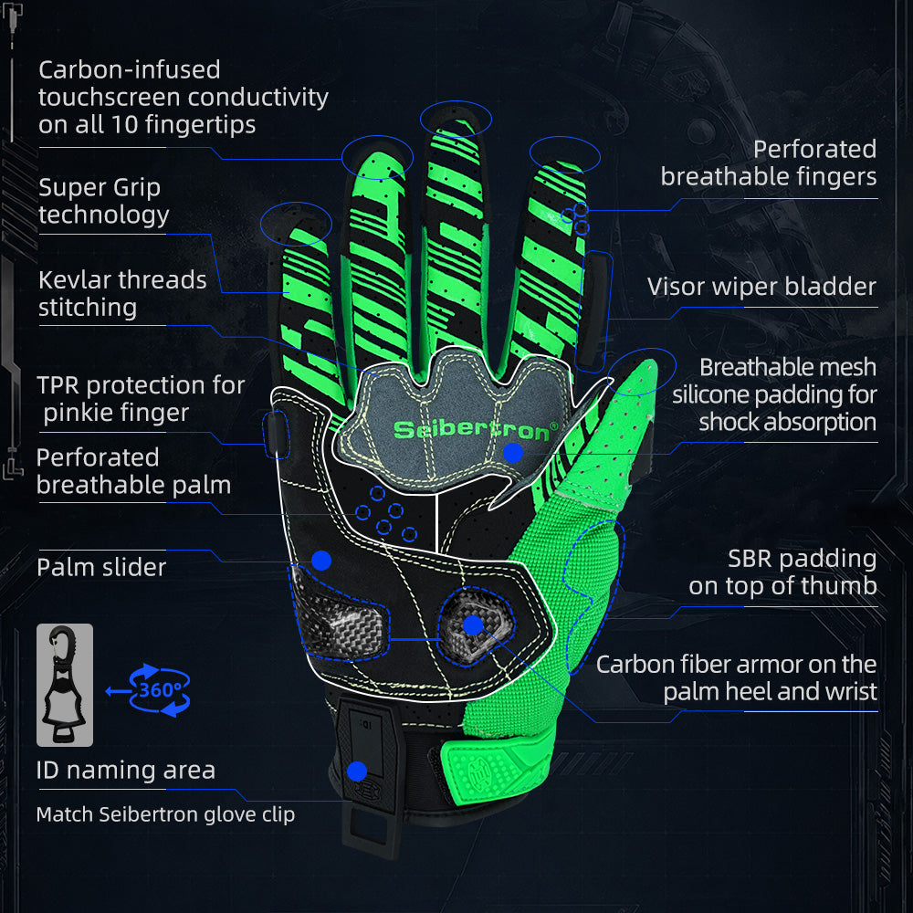 Seibertron SPS-7 Superior Protection Series Motorrad-Fahrhandschuhe - Atmungsaktiver Touchscreen-Carbonfaserschutz