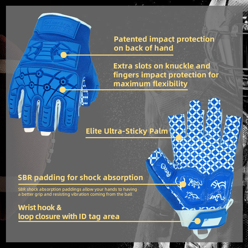 Seibertron Lineman 2.0 Padded Palm Football Receiver Gloves, Flexible TPR Impact Protection Back of Hand Glove Adult and Youth Sizes
