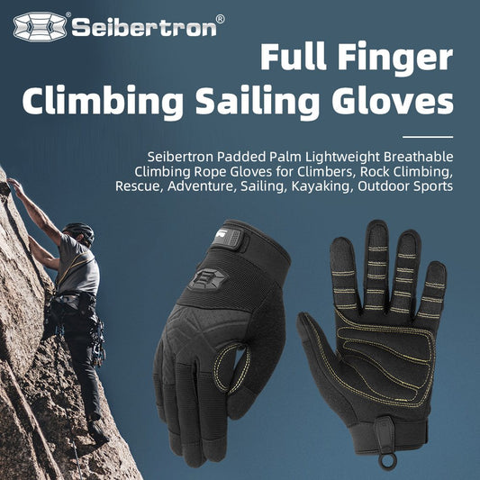 Farbe: Schwarz | Seibertron Vollfinger-Kletter- und Segelhandschuhe mit gepolsterter Handfläche für Kletterseile Bild 01