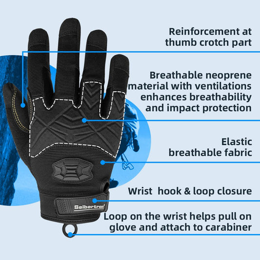 Farbe: Schwarz | Seibertron Vollfinger-Kletter- und Segelhandschuhe mit gepolsterter Handfläche für Kletterseile Bild 02