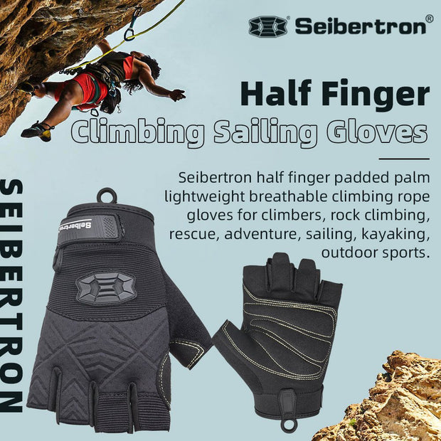 Farbe: Schwarz | Seibertron Halbfinger-Kletter- und Segelhandschuhe mit gepolsterter Handfläche für Kletterseile Bild 01