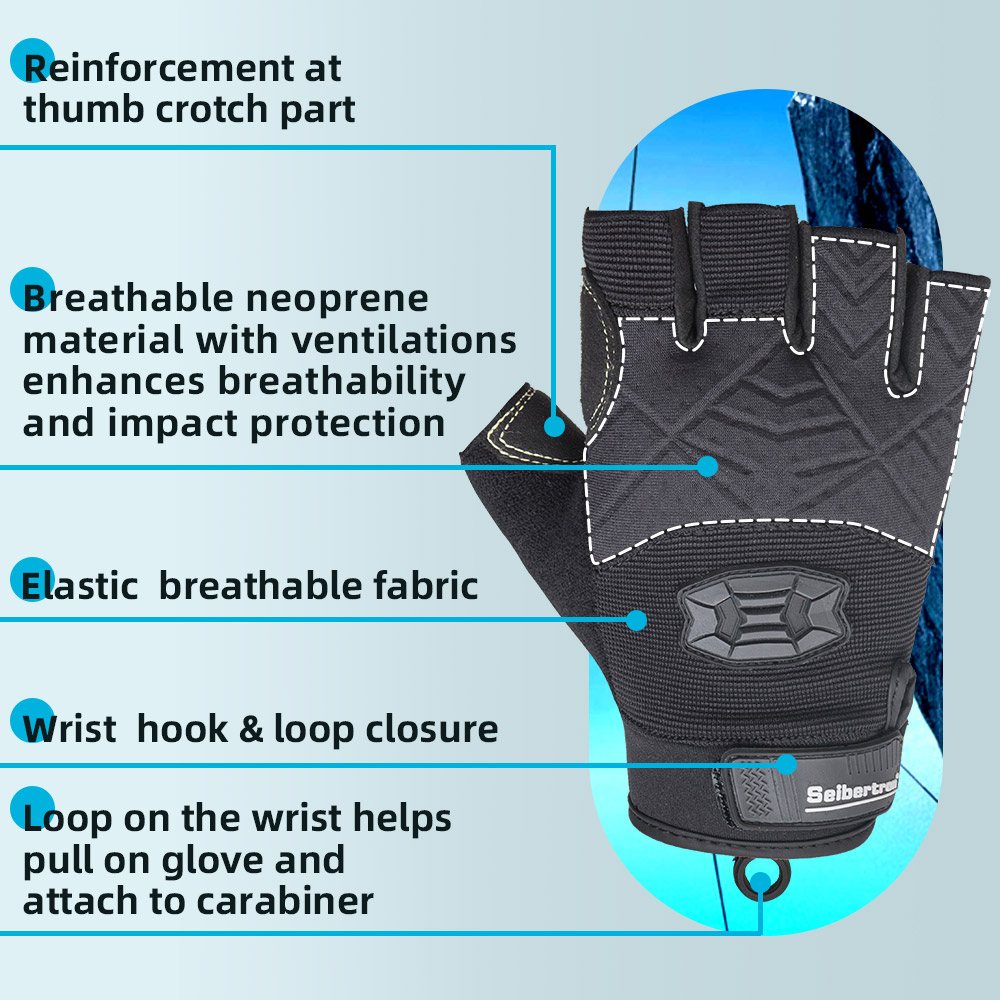 color:Black | Seibertron Half Finger Climbing Sailing Gloves half finger padded palm climbing rope gloves image 02