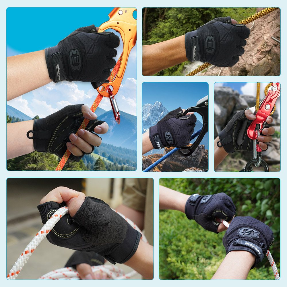 color:Black | Seibertron Half Finger Climbing Sailing Gloves half finger padded palm climbing rope gloves image 05