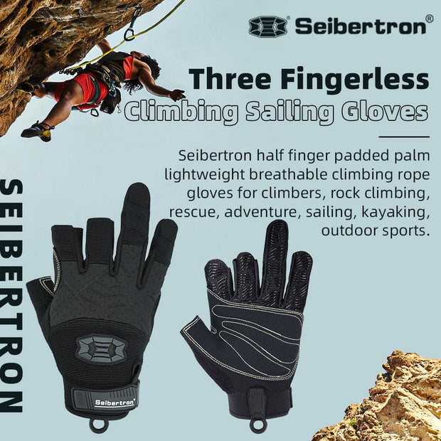 Farbe:alle | Seibertron Drei fingerlose Kletter- und Segelhandschuhe, drei fingerlose Handschuhe mit gepolsterter Handfläche für Kletterseile, Bild 01