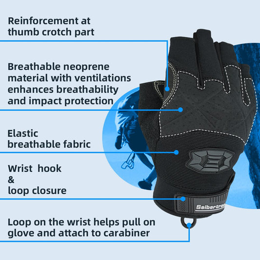 Farbe:alle | Seibertron 3/4 Finger Kletter- und Segelhandschuhe, Dreiviertelfinger mit gepolsterter Handfläche, Kletterseil-Handschuhe, Bild 02