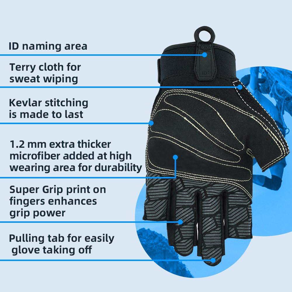 Farbe:alle | Seibertron 3/4 Finger Kletter- und Segelhandschuhe, Dreiviertelfinger mit gepolsterter Handfläche, Kletterseil-Handschuhe, Bild 03