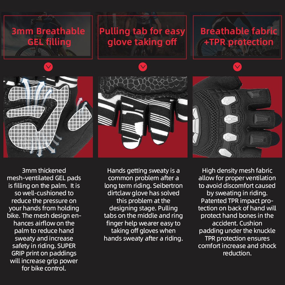 color:Black | Seibertron Dirtclaw fingerless motocross and off-road riding gloves image 09