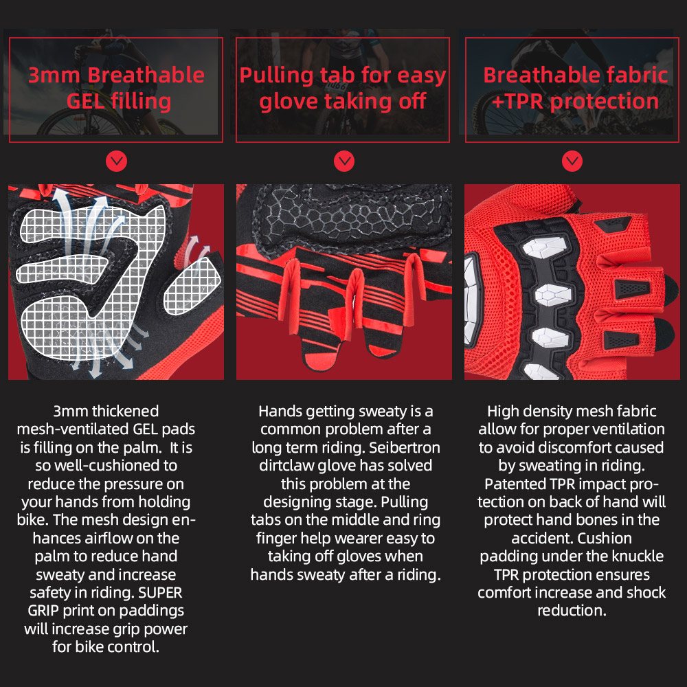 color:Red | Seibertron Dirtclaw fingerless motocross and off-road riding gloves image 14