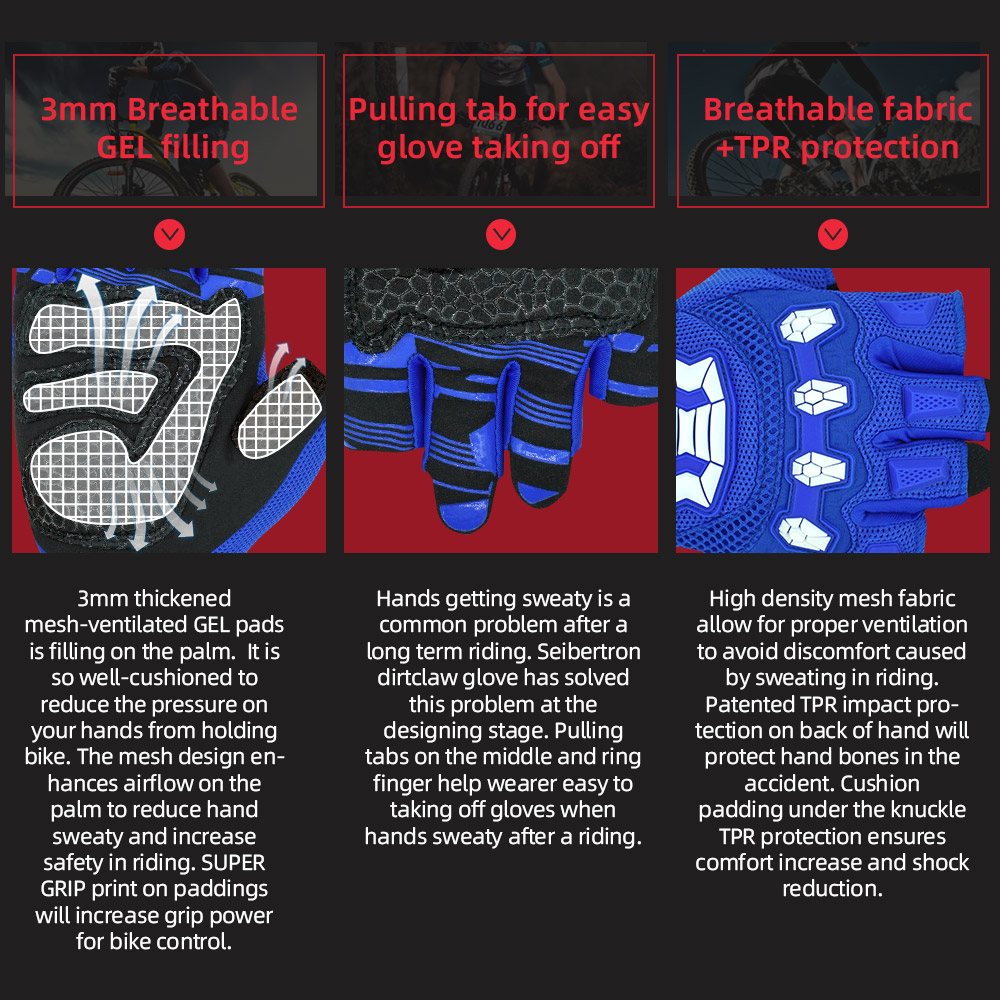 color:Blue | Seibertron Dirtclaw fingerless motocross and off-road riding gloves image 19