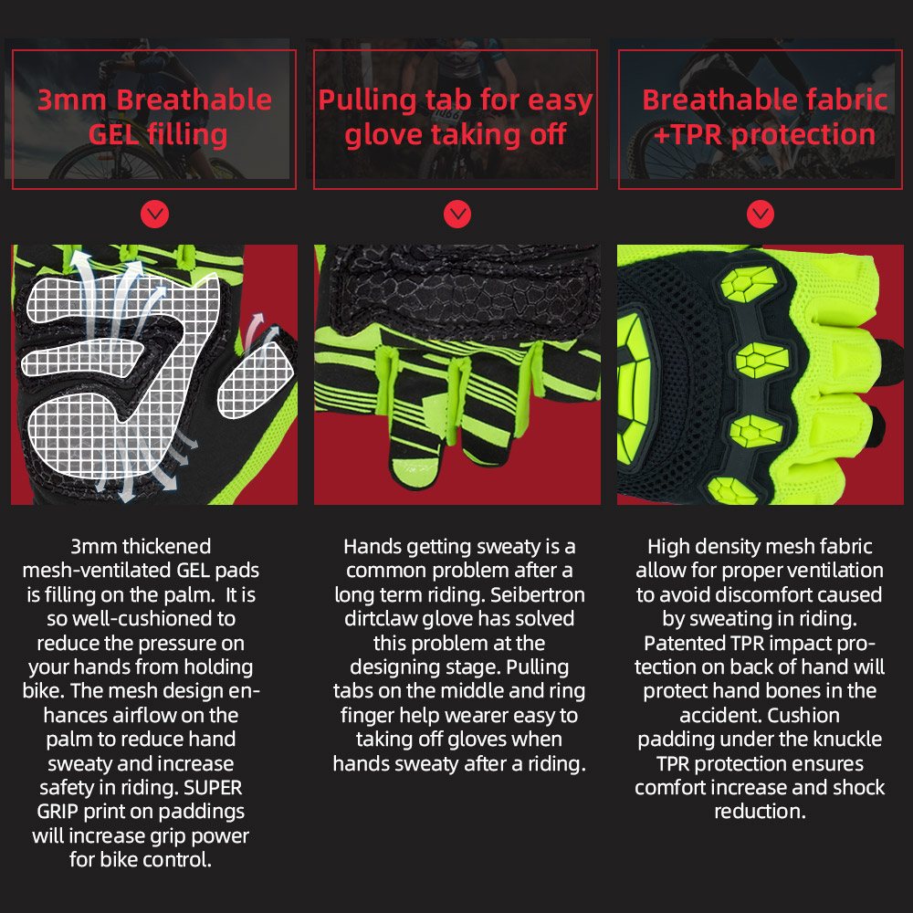color:Fluorescent Yellow | Seibertron Dirtclaw fingerless motocross and off-road riding gloves image 29