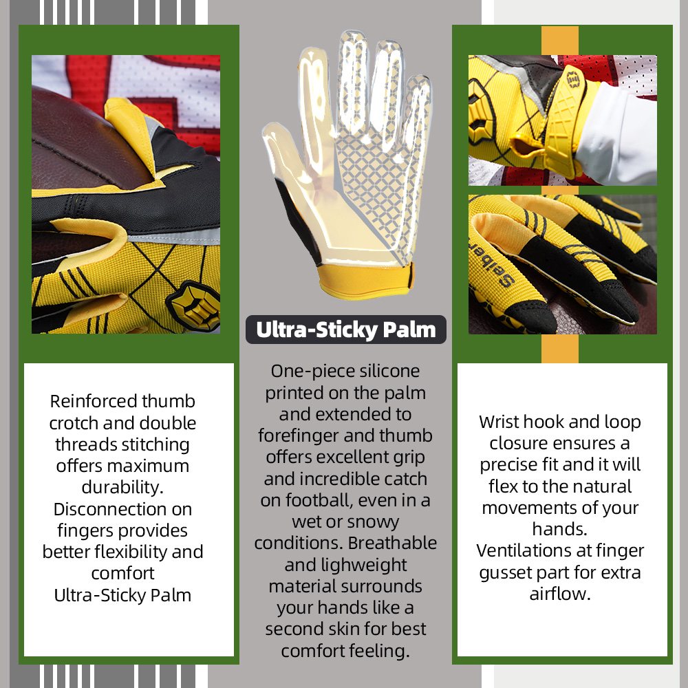 Farbe: Gelb | Seibertron American Football Receiver Handschuhe für Erwachsene, ultra-griffige Receiver-Handschuhe für Erwachsene, Bild 02