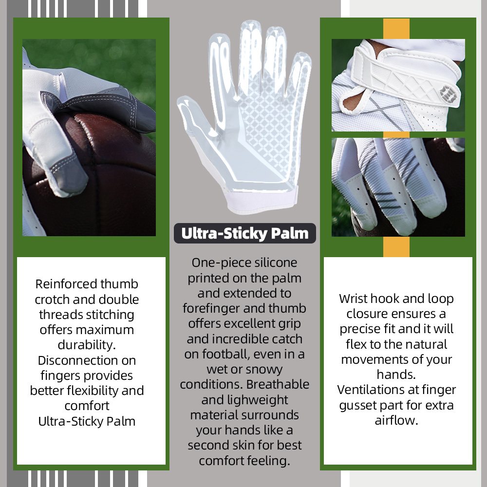 Farbe: Weiß | Seibertron American Football Receiver Handschuhe für Erwachsene, ultra-griffige Receiver-Handschuhe für Erwachsene, Bild 05