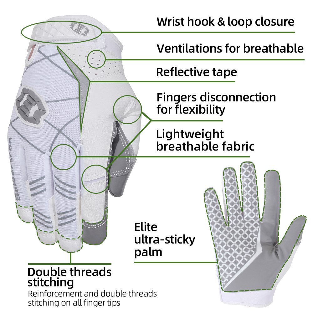Farbe: Weiß | Seibertron American Football Receiver Handschuhe für Erwachsene, ultra-griffige Receiver-Handschuhe für Erwachsene, Bild 06