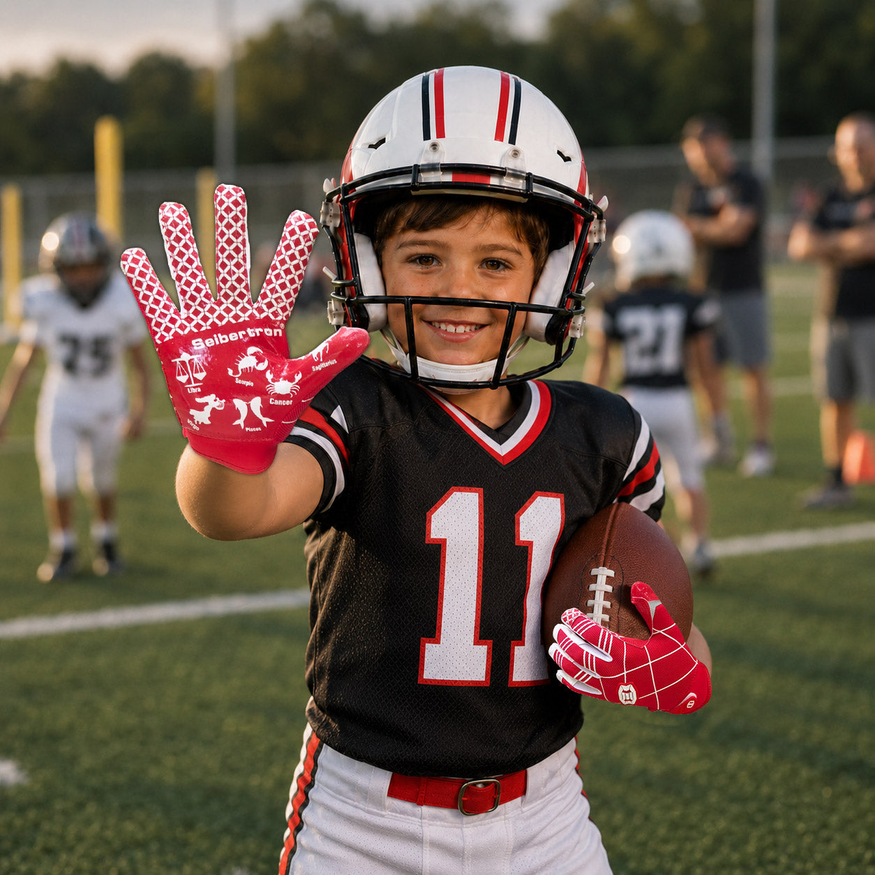 seibertron-gallery:pro3-adult-youth-zodiac-20260716 | product:8668804808894 | color:Red | group:Youth | slot:2 | Seibertron PRO 3.0 youth football receiver gloves red zodiac gallery 2