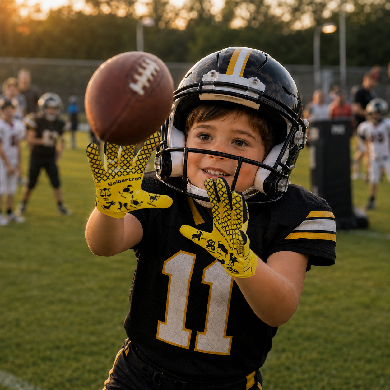 seibertron-gallery:pro3-adult-youth-zodiac-20260716 | product:8668804808894 | color:Yellow | group:Youth | slot:2 | Seibertron PRO 3.0 youth football receiver gloves yellow zodiac gallery 2