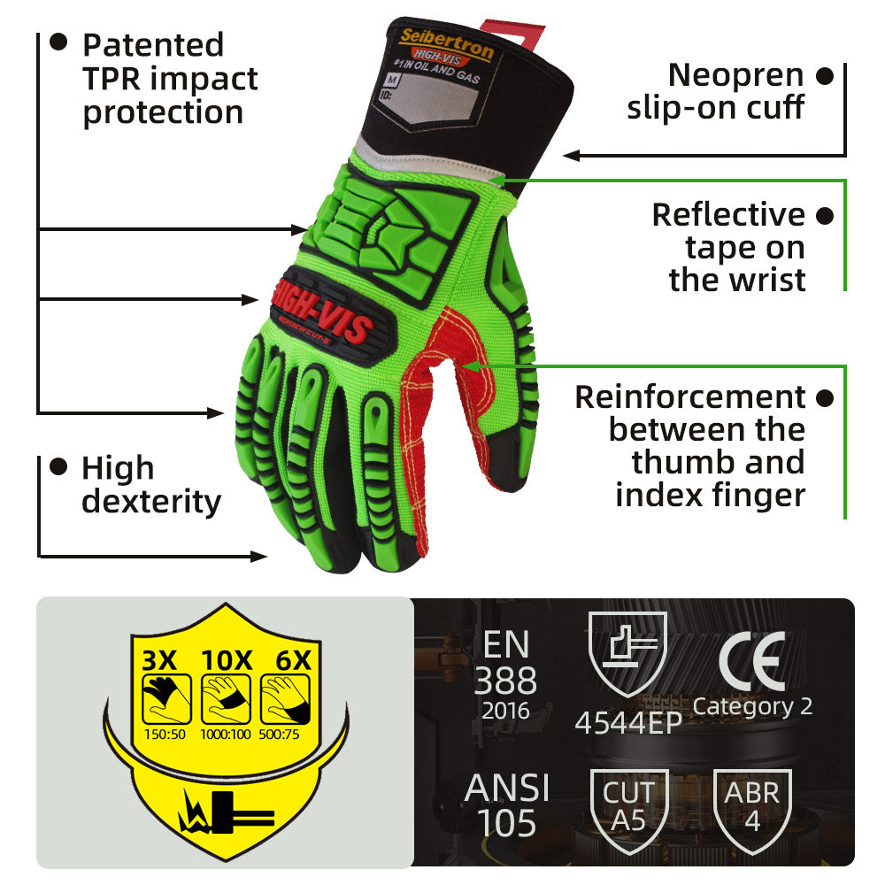 seibertron-gallery:hdc5-safety-gloves-20260715 | Produkt:hdc5 | Farbe:Grün Rot | Slot:3 | Seibertron HIGH-VIS HDC5 Sicherheitshandschuhe TPR-Aufprallschutz und CE ANSI Bewertung Detailbild