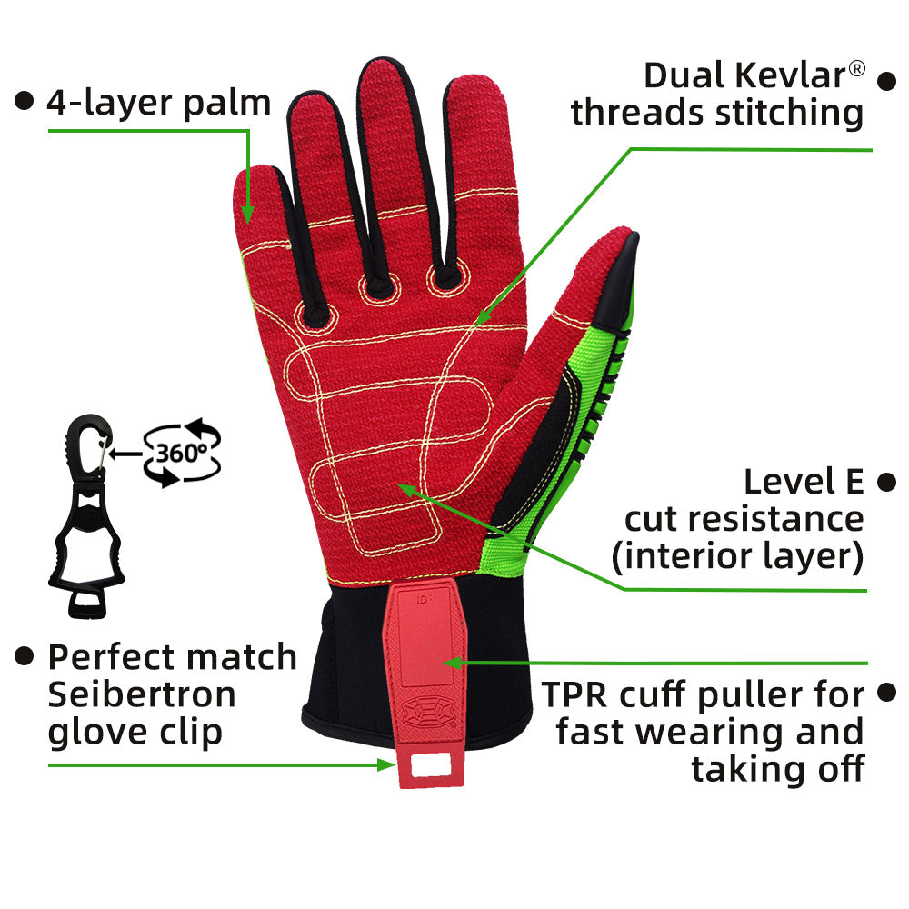 seibertron-gallery:hdc5-safety-gloves-20260715 | Produkt:hdc5 | Farbe:Grün Rot | Slot:4 | Seibertron HIGH-VIS HDC5 Sicherheitshandschuhe Handfläche und Handschuh-Clip Detailbild