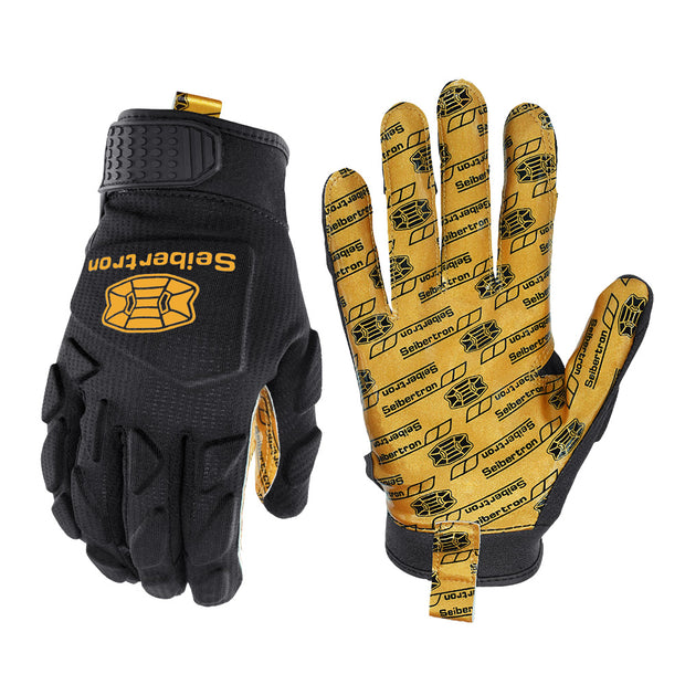 seibertron-galerie:hpirg-schwarz-weiß-hg-20260714 | Produkt:8307911884990 | Farbe:Schwarz | Slot:1 | Seibertron H.P.I.R.G Touchscreen-Football-Receiver-Handschuhe schwarz goldene Handfläche Weißes Hintergrund-Hauptbild