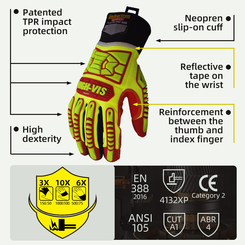 seibertron-gallery:hrig-safety-gloves-20260715 | Produkt:hrig | Farbe:Gelb Rot | Slot:3 | Seibertron HIGH-VIS HRIG Sicherheitshandschuhe mit TPR-Aufprallschutz und CE-ANSI-Einstufung Detailbild