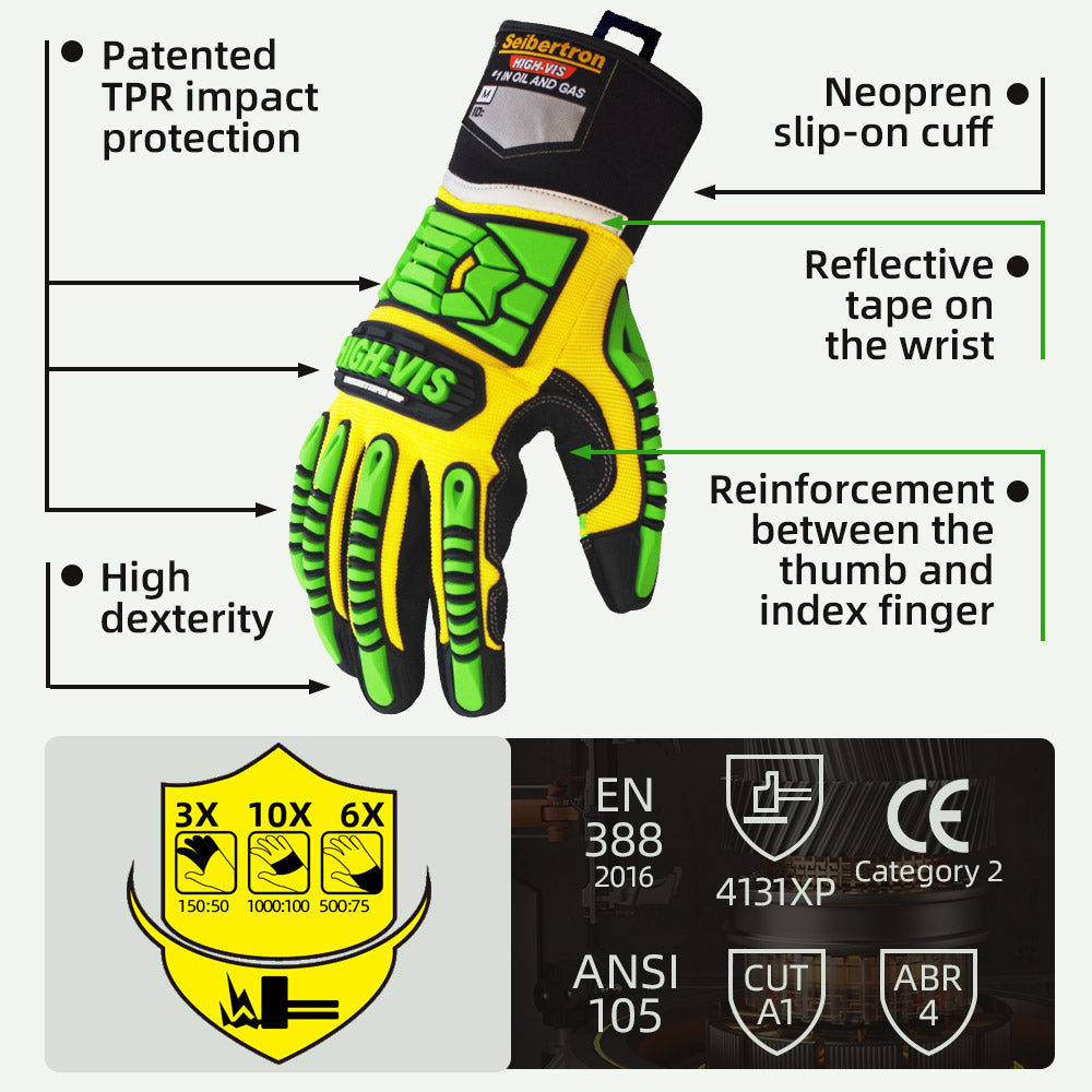 seibertron-gallery:sdxg2-sicherheitshandschuhe-20260715 | Produkt:sdxg2 | Farbe:Gelbgrün | Slot:3 | Seibertron HIGH-VIS SDXG2 Sicherheitshandschuhe mit TPR-Aufprallschutz und CE-ANSI-Einstufung Detailbild