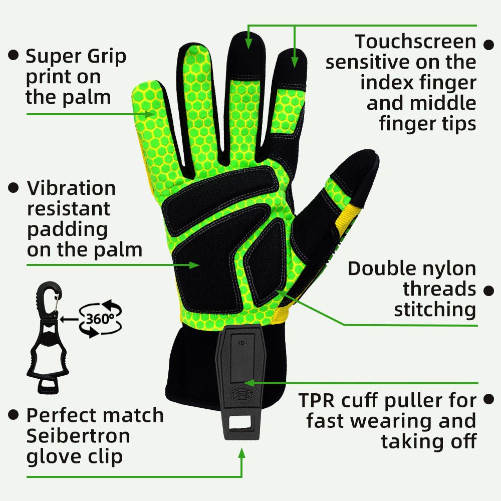 seibertron-gallery:sdxg2-safety-gloves-20260715 | Produkt:sdxg2 | Farbe:Gelb Grün | Slot:4 | Seibertron HIGH-VIS SDXG2 Sicherheitshandschuhe Handfläche und Handschuh-Clip Detailbild