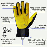 seibertron-Galerie:sdxw-safety-gloves-20260715 | Produkt:sdxw | Farbe:Blau Gelb | Slot:4 | Seibertron Hochsichtbare SDXW-Sicherheitshandschuhe, Detailbild von Handfläche und Handschuhclip