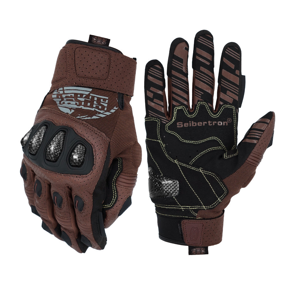 Farbe:Braun | Charge:sps2plus-complete-20260716 | Rolle:weißer-Hintergrund-Hauptbild | Seibertron SPS-2 Plus Motorradhandschuhe braun weißer Hintergrund Hauptbild