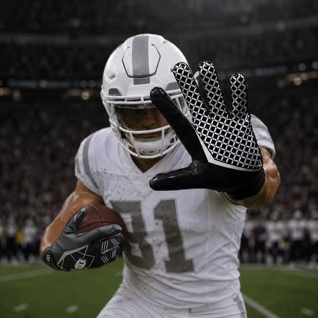 seibertron-gallery:white-football-ai-color-groups-20260721 | Produkt:8557666271422 | Farbe:Schwarz | Slot:1 | Seibertron Aktionsbild eines schwarzen Football-Receiver-Handschuhs für Erwachsene 1