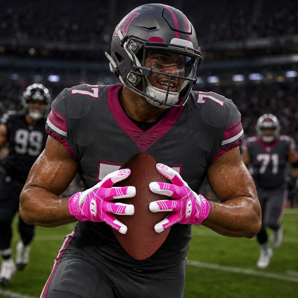 seibertron-gallery:weiß-football-ai-farbgruppen-20260721 | produkt:8557666271422 | farbe:Rosa | slot:2 | Seibertron erwachsene rosa Football-Receiver-Handschuhe KI-Aktionsbild 2
