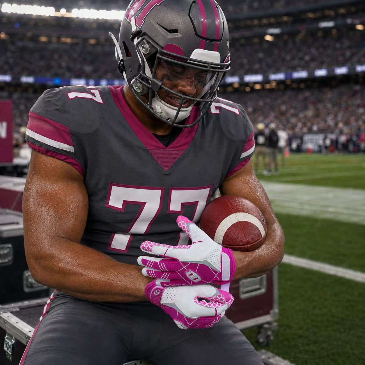 seibertron-Galerie:white-football-ai-color-groups-20260721 | Produkt:8557666271422 | Farbe:Pink | Slot:3 | Seibertron Actionbild von rosa Football-Fängerhandschuhen für Erwachsene, KI-generiert 3