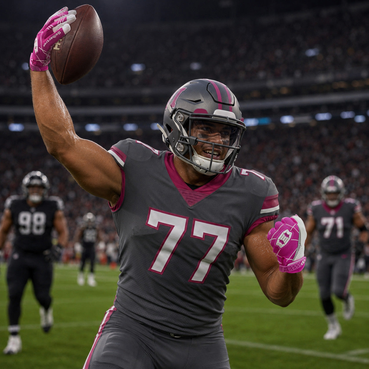 seibertron-Galerie:white-football-ai-color-groups-20260721 | Produkt:8557666271422 | Farbe:Pink | Slot:4 | Seibertron Actionbild von rosa Football-Fängerhandschuhen für Erwachsene, KI-generiert 4