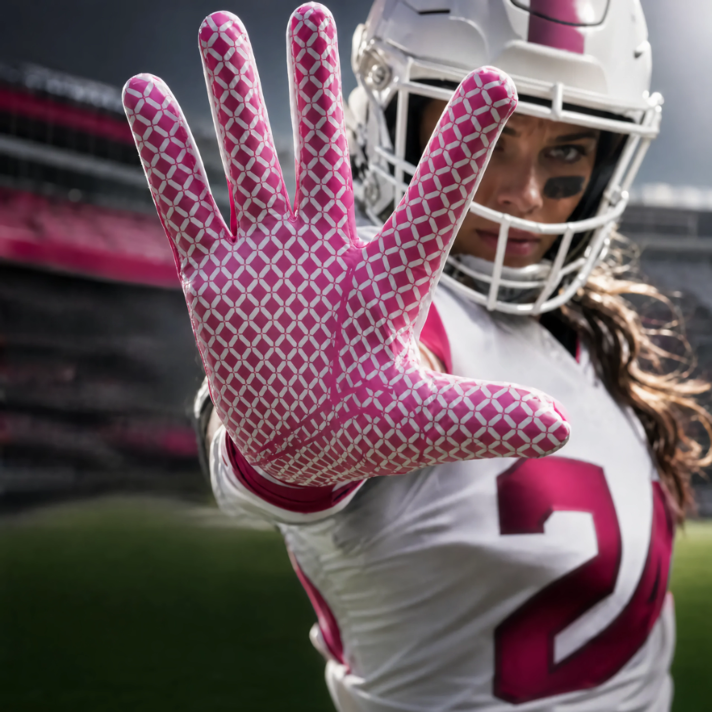 seibertron-Galerie:white-football-ai-color-groups-20260721 | Produkt:8557666271422 | Farbe:Pink | Slot:5 | Seibertron Actionbild von rosa Football-Fängerhandschuhen für Erwachsene, KI-generiert 5