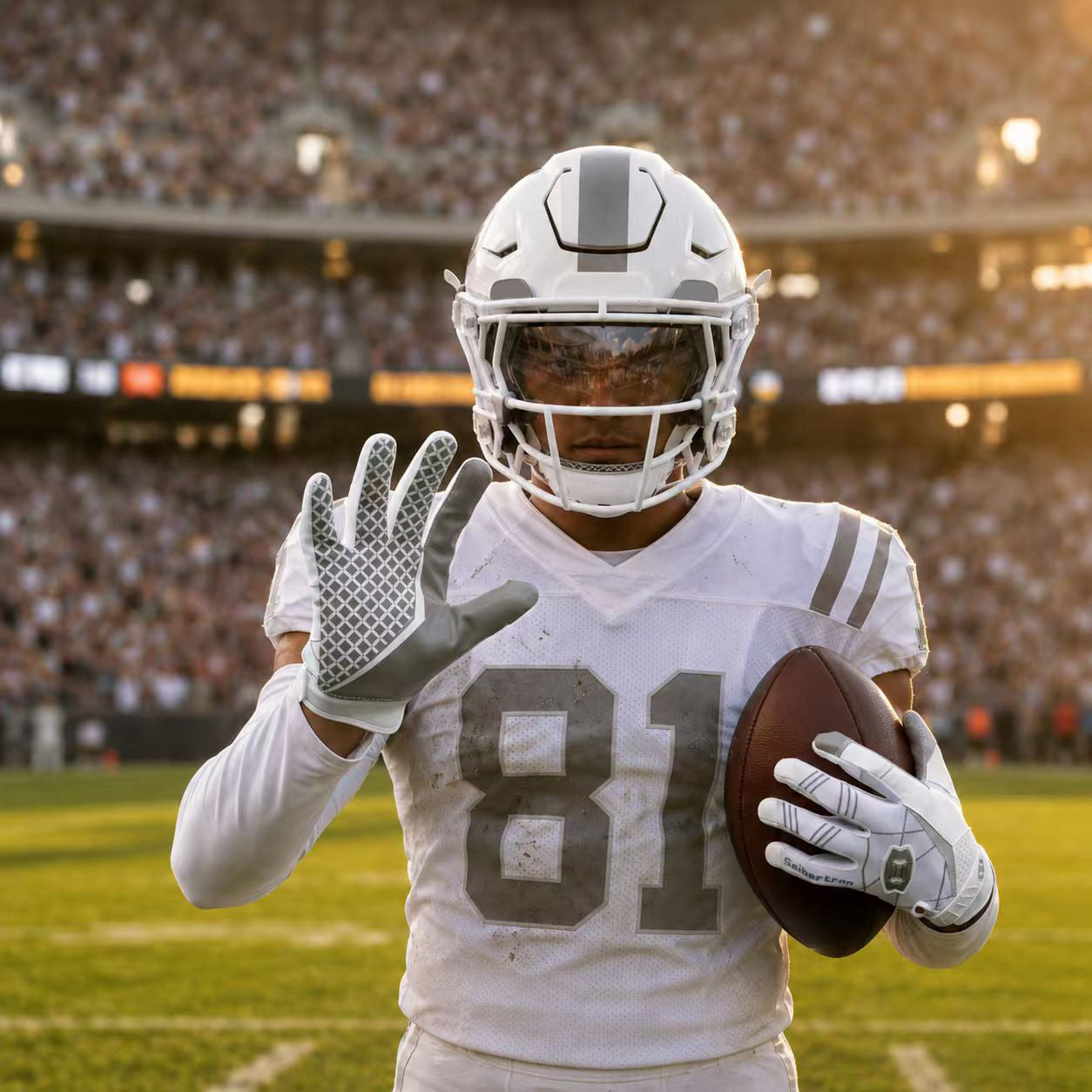 seibertron-Galerie:white-football-ai-color-groups-20260721 | Produkt:8557666271422 | Farbe:Weiß | Slot:1 | Seibertron Erwachsene weiße Football-Empfängerhandschuhe KI-Aktionsbild 1