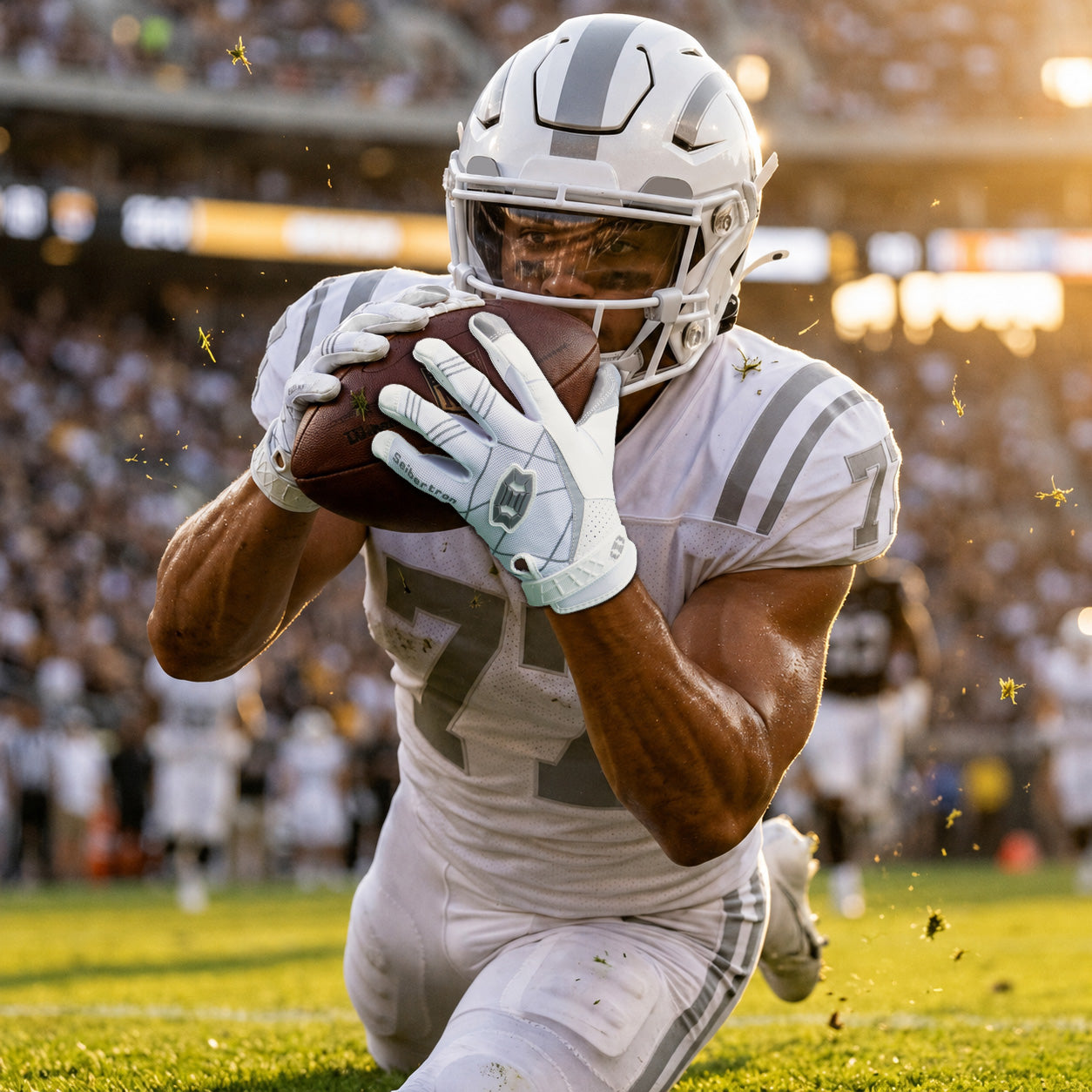 seibertron-gallery:white-football-ai-color-groups-20260721 | Produkt:8557666271422 | Farbe:Weiß | Slot:2 | Seibertron Aktionsbild eines weißen Football-Receiver-Handschuhs für Erwachsene 2