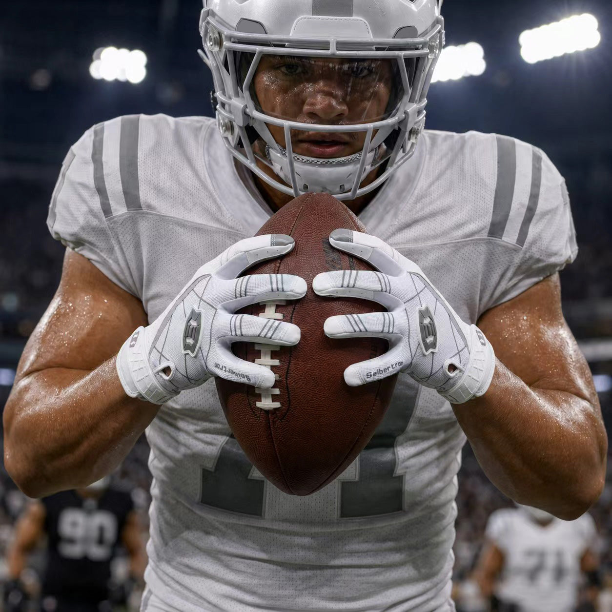 seibertron-gallery:white-football-ai-color-groups-20260721 | Produkt:8557666271422 | Farbe:Weiß | Slot:5 | Seibertron Aktionsbild eines weißen Football-Receiver-Handschuhs für Erwachsene 5