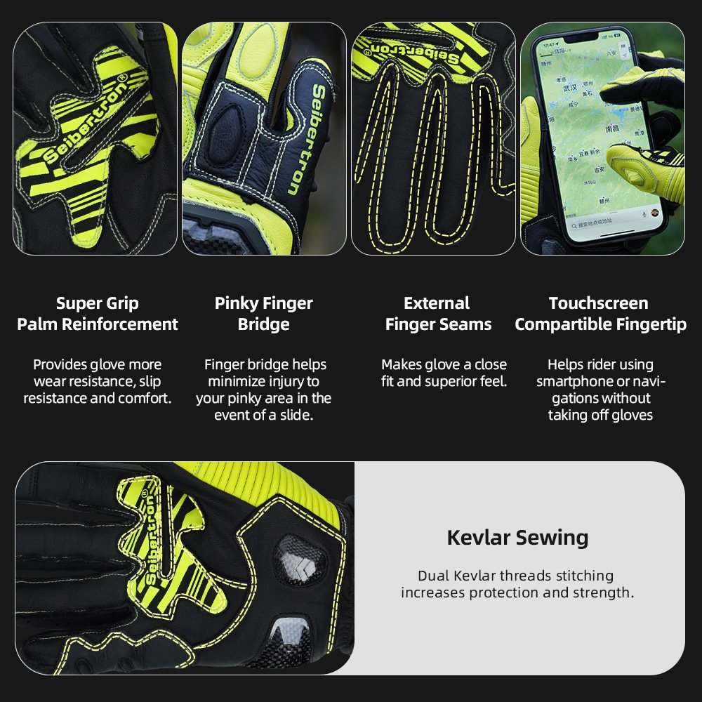color:Yellow | Seibertron SPS-6 leather racing gloves with carbon fiber protection image 05