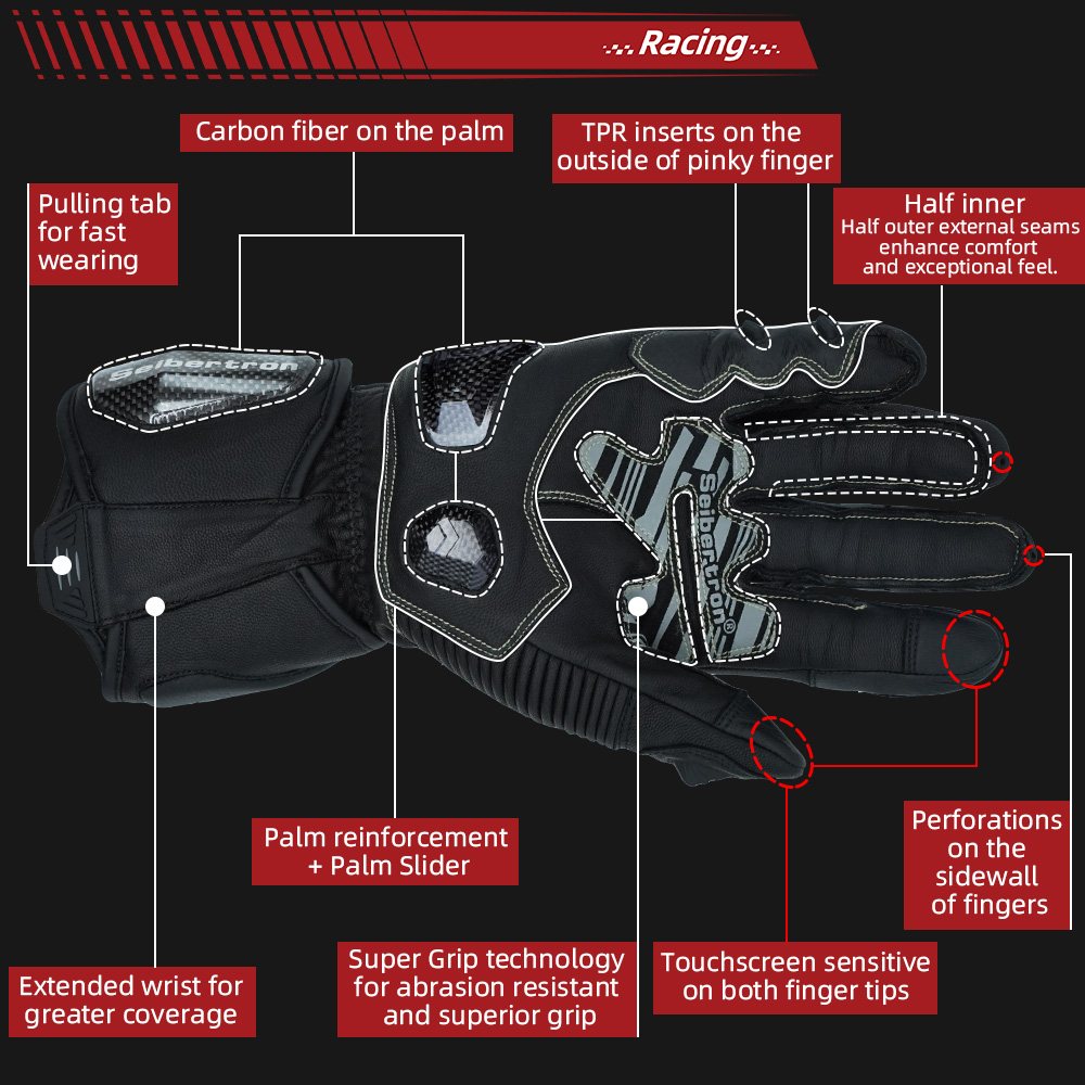 color:Black | Seibertron SPS-6 leather racing gloves with carbon fiber protection image 08