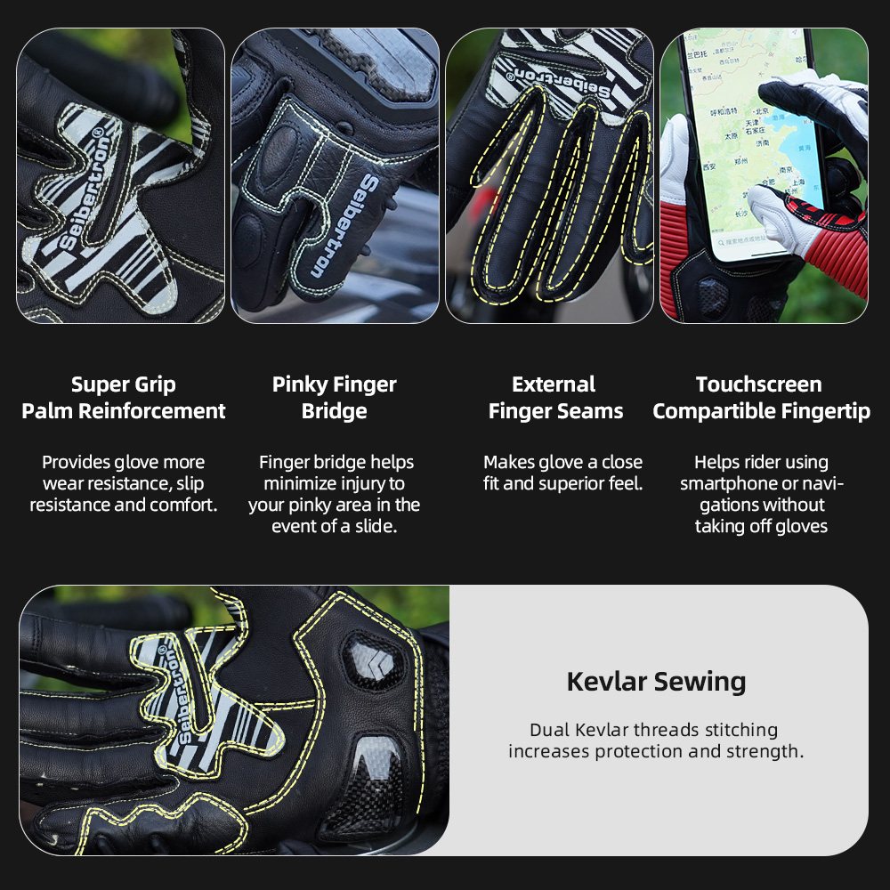 color:Black | Seibertron SPS-6 leather racing gloves with carbon fiber protection image 10