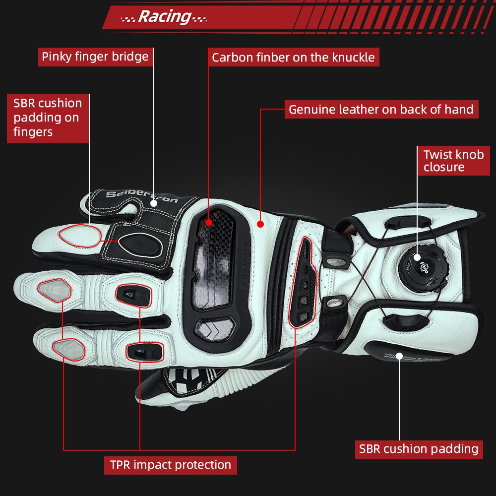 color:White | Seibertron SPS-6 leather racing gloves with carbon fiber protection image 12