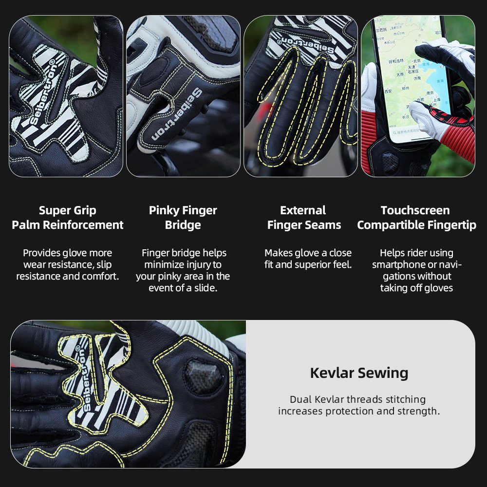 color:White | Seibertron SPS-6 leather racing gloves with carbon fiber protection image 15