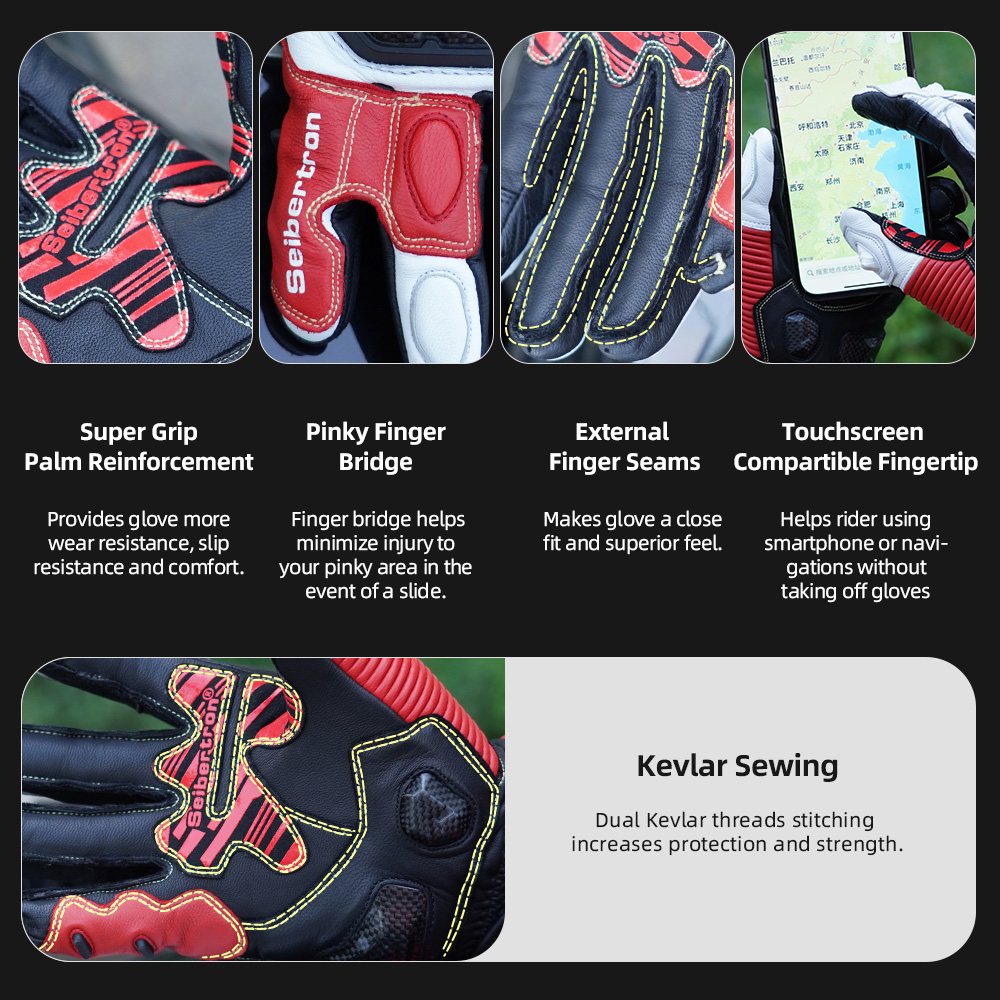 color:Red | Seibertron SPS-6 leather racing gloves with carbon fiber protection image 20