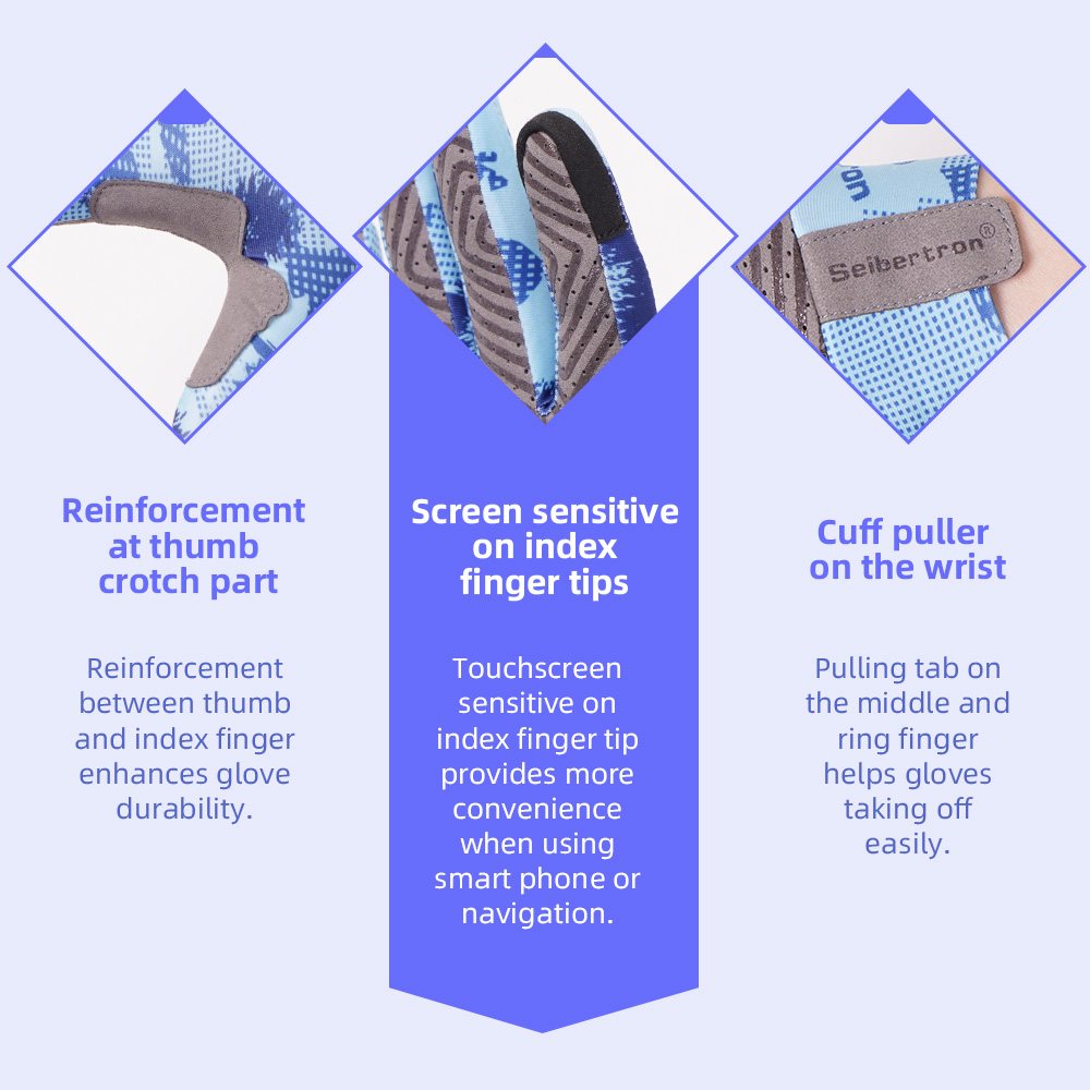 color:Blue | Seibertron S.P.S.G-1 UPF100 sun protection touchscreen full finger gloves image 12