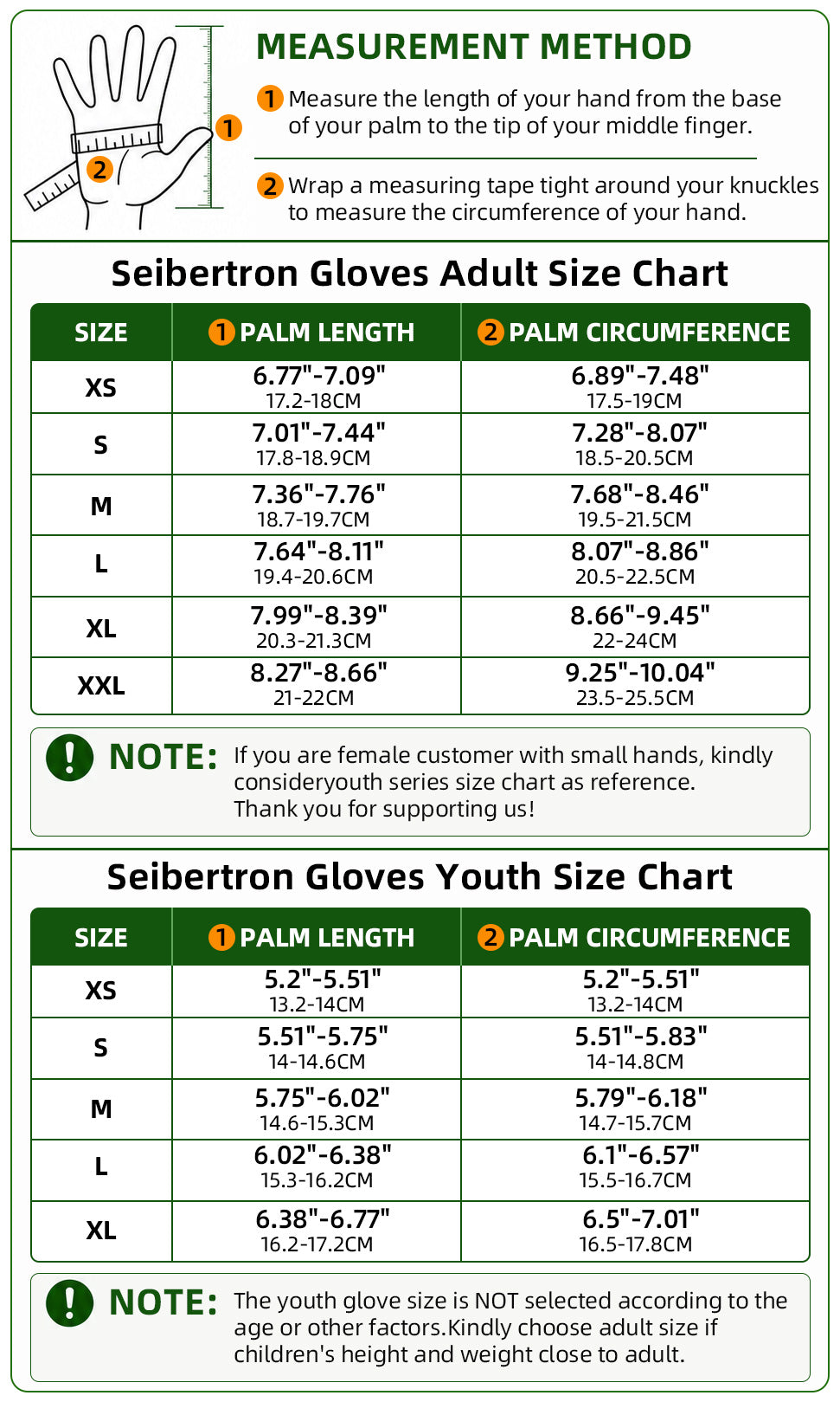 Seibertron B.A.R Pro 2.0 adult and youth baseball batting gloves size chart with hand measurement method