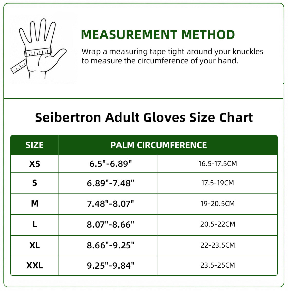 Seibertron climbing half finger gloves adult size chart with hand measurement method
