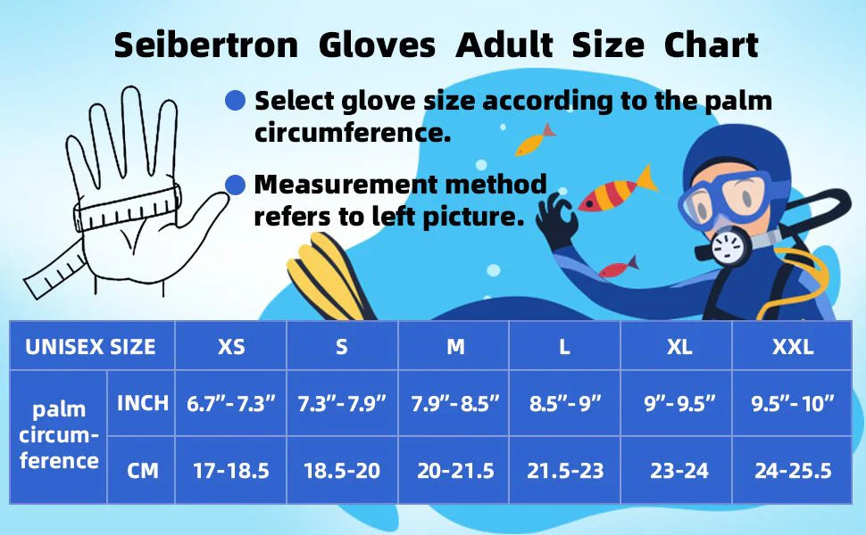 Seibertron C.R.D.G diving gloves adult unisex palm circumference size chart XS to XXL